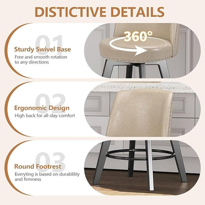 MINCETA Bar Stool, PU Leather Barstool, 26 Inch Upholstered Counter Stool with High Back and Footrest, Swivel Counter Height Barstool for Kitchen Island Home Bar Khaki