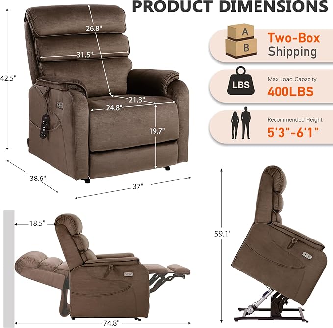 EONIX Wide Lay Flat Power Lift Recliner Chair for Elderly, Heavy Duty Oversized Fabric Lift Chairs Recliner Sofa with Heat and Massage and Charging Ports, Chenille Brown
