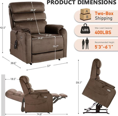 EONIX Wide Lay Flat Power Lift Recliner Chair for Elderly, Heavy Duty Oversized Fabric Lift Chairs Recliner Sofa with Heat and Massage and Charging Ports, Chenille Brown