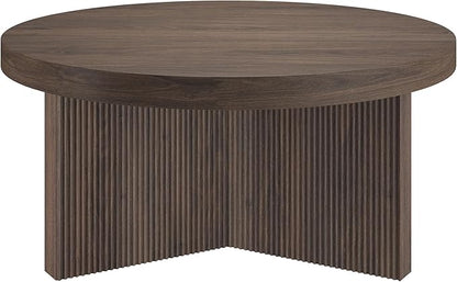 Henn&Hart 32" Fluted Round Low-Profile Coffee Table with Ribbed Pedestal Base Living Room, Family Room, Office, or Apartment, Alder Brown