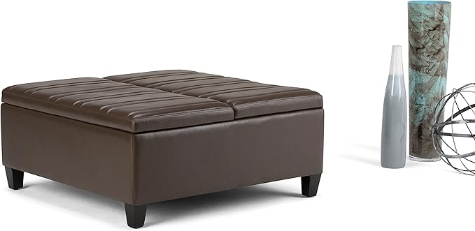 SIMPLIHOME Ellis 36 inch Wide Contemporary Square Coffee Table Storage Ottoman in Chocolate Brown Vegan Faux Leather, Assembled, For the Living Room and Bedroom