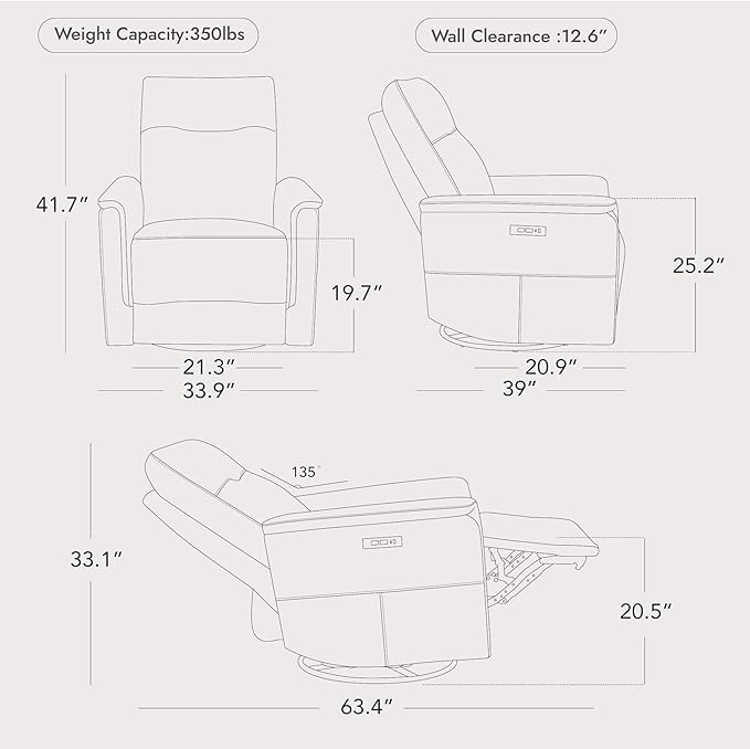Watson & Whitely Genuine Leather Power Recliner Chairs W Power Headrest for Adults, Swivel Glider Recliner Chair W Charging Ports for Living Room, Saddle