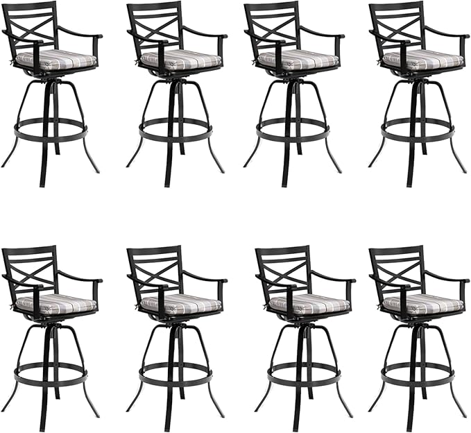 Pellebant 30" Sunbrella Outdoor Bar Stools Set of 8, Aluminum Swivel Patio Bar Height Bar Stools with Back & Footrest, for Deck Lawn Garden(Milano Char)
