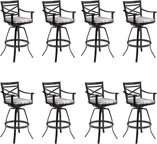 Pellebant 30" Sunbrella Outdoor Bar Stools Set of 8, Aluminum Swivel Patio Bar Height Bar Stools with Back & Footrest, for Deck Lawn Garden(Milano Char)