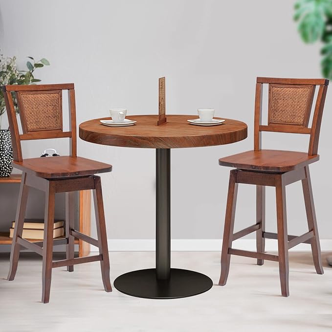 COSTWAY Bar Stools Set of 4, 24.5 Inch Counter Height Bar Stool with Rattan Back, 360°Swivel Seat, Comfortable Footrests, Rubber Wood Bar Stools for Kitchen Island, Dining Room, Cafe, Pub (4)