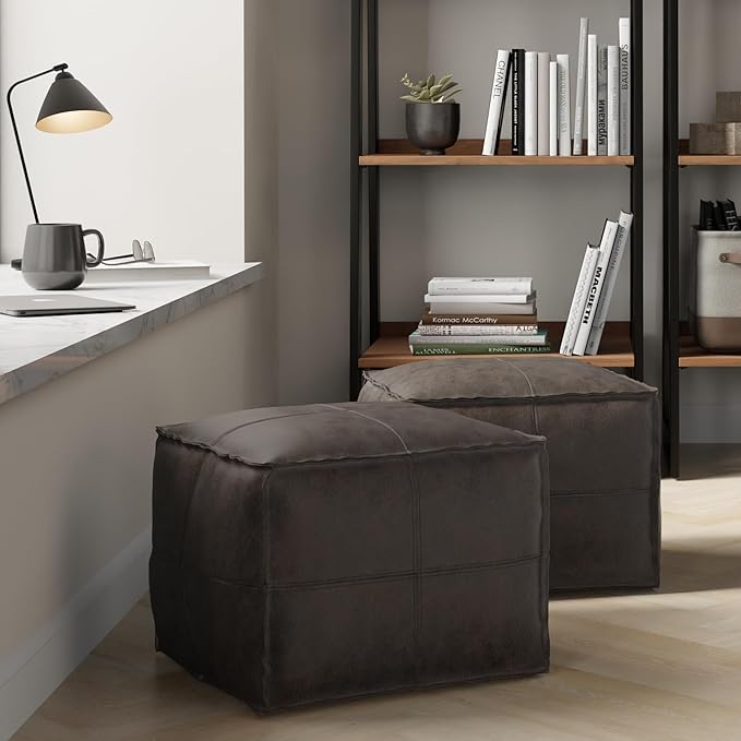 SIMPLIHOME Sheffield Boho Square Pouf in Distressed Dark Brown Leather for the Living Room, Bedroom and Kids Room
