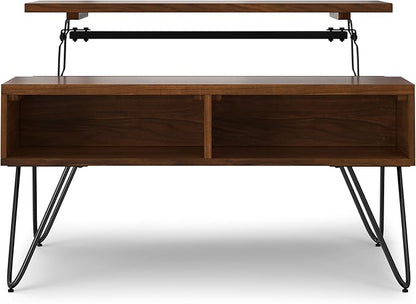 SIMPLIHOME Hunter Small Lift Top Coffee Table - 36 inch Wide Solid Walnut Veneer and Metal Industrial Cocktail Table, Living Room Table with Hidden Storage, 2 Cubbies, and Hairpin Legs