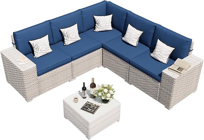 6-Piece Patio Furniture Set, Outdoor Extra Wide Armrest Modular Patio Sofa, Dual-Strand Rattan Wicker, Rust-Resistant Frame, Backyard High Back, Large Seat Furniture for Porch Garden Balcony, Blue
