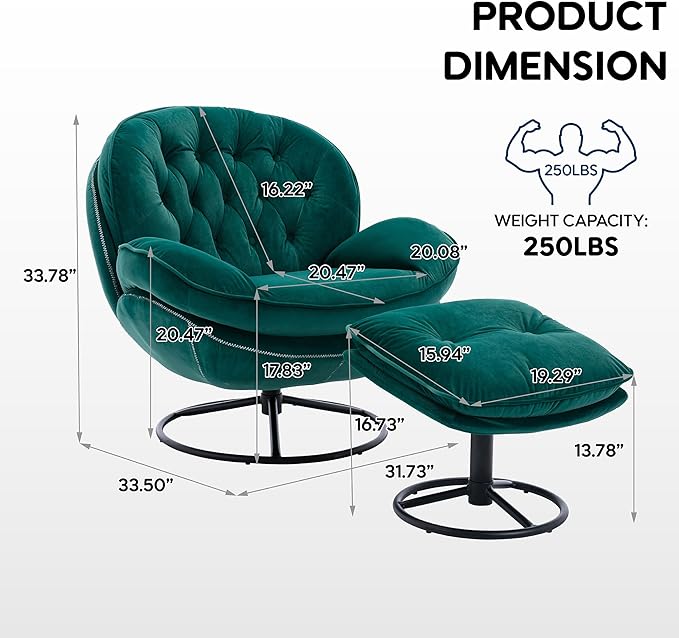 Set of 2 360° Swivel Modern Velvet Accent Chair with Ottoman | Mid-Century Button Tufted Lounge Chair for Living Room & Bedroom, Green