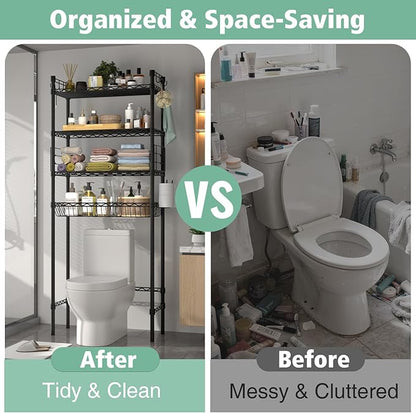 PrimeZone Over The Toilet Storage Shelf - 4 Tier Adjustable Metal Bathroom Wire Shelves Organizer with 2 Hooks, Freestanding Above Toilet Storage Rack for Bathroom Laundry, Black