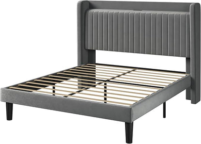 Allewie Full Size Platform Bed Frame with USB Charging Station and Storage Shelf/Upholstered Velvet Wingback Headboard/Wooden Slats Support/No Box Spring Needed/Easy Assembly, Grey