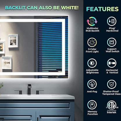 36x28 Inch RGB LED Bathroom Mirror Front Light and RGB Backlit Lighted Vanity Mirror for Bathroom Wall Mounted Dimmable Anti Fog Memory Shatter-Proof IP54 Waterproof Horizontal/Vertical