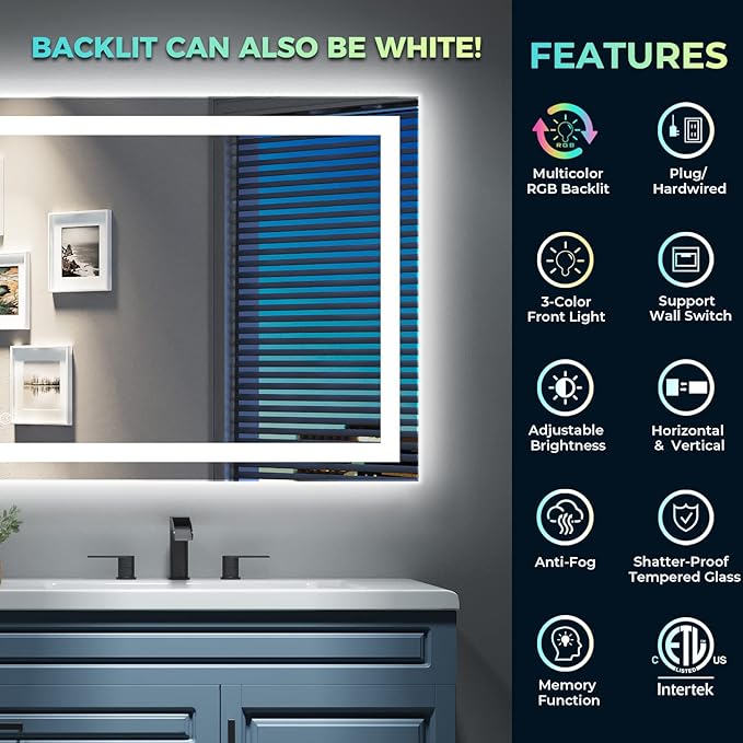 24x36 Inch RGB LED Bathroom Mirror Front Light and RGB Backlit Lighted Vanity Mirror for Bathroom Wall Mounted Dimmable Anti Fog Memory Shatter-Proof IP54 Waterproof Horizontal/Vertical