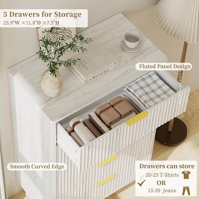 LYNSOM Fluted Dresser and Nightstand Sets 4 Piece, 2-Drawer Nightstands and 5/6 Drawers Dresser, Wood Bedroom Furniture Set for Home, Bedroom, Hallway, White