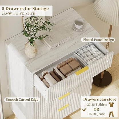 LYNSOM Fluted Dresser and Nightstand Sets 3 Piece, 5-Drawers Dresser and 1-Drawer Nightstands Set of 2, Wood Bedroom Furniture Set for Home, Bedroom, Hallway, White