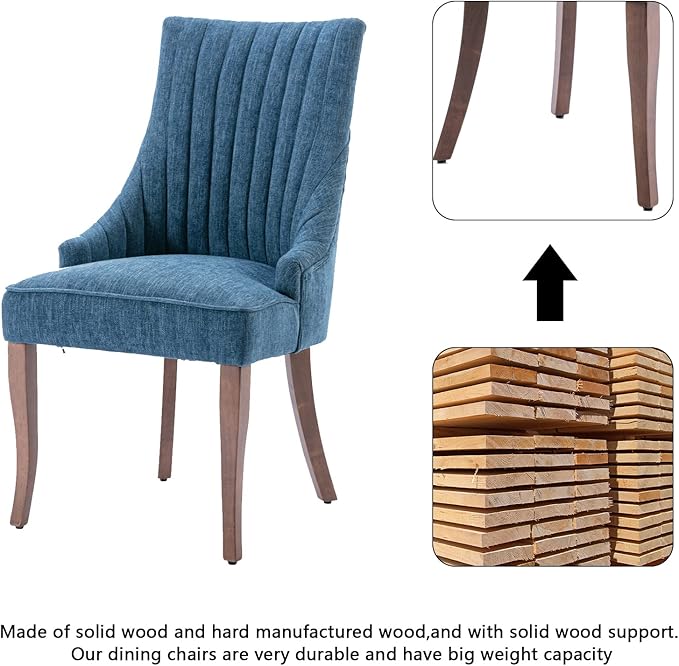 mikibama Linen Dining Chairs Set of 6 Channel Tufted Kitchen Dinner Chair Comfy Fabric Upholstered Accent Chair for Dining Room with Solid Wood Legs (Blue 6pc)