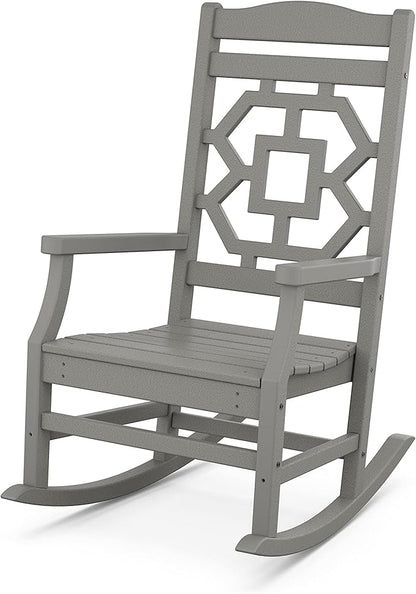 Martha Stewart by POLYWOOD Chinoiserie 3-Piece Outdoor Rocking Chair Set with Patio Side Table, Slate Grey, HDPE All-Weather Furniture, Classic Porch Rockers for Deck, Garden & Backyard, Made in USA