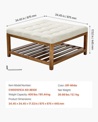 VEVOR Large Square Ottoman Coffee Table, 34.5 Inch Tufted Coffee Table with Solid Wood Shelf Storage, Linen Solid Upholstered Footrest Ottoman for Bedroom Living Room, 400 LBS, Off-White