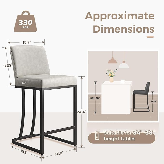 MAISON ARTS Counter Height Bar Stools with Back Set of 3 for Kitchen Counter, 24 Inch Modern Upholstered Faux Leather Barstools Farmhouse Bar Chairs Luxury Island Stools Support 330LBS, Light Grey