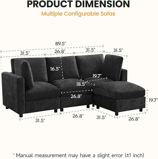 3-Seater Modular Sectional Cloud Sofa with Ottoman, L-Shaped Couch for Living Room, Modern Convertible Deep Seats Sofa, Chenille Dark Grey