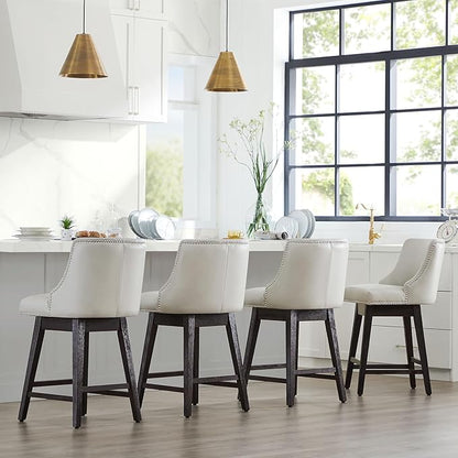 CHITA Counter Height Swivel Bar Stools Set of 4, FSC Certified Upholstered Counter Stools, Modern Swivel Barstools with Wood Legs for Kitchen Island, 26" Seat Height, Faux Leather in Creamy Grey