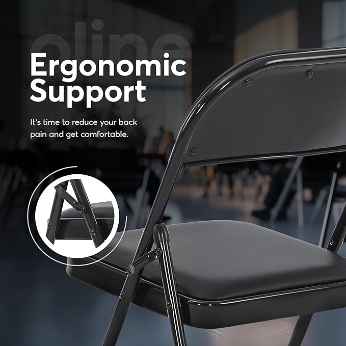 Oline Vinyl Folding Chairs, Padded Vinyl Cushion Chairs with Durable Metal Frame, Indoor Outdoor Stackable Foldable Guest Chairs for Office Wedding Kitchen Dining, 300lb Capacity (Black, 2 Pack)