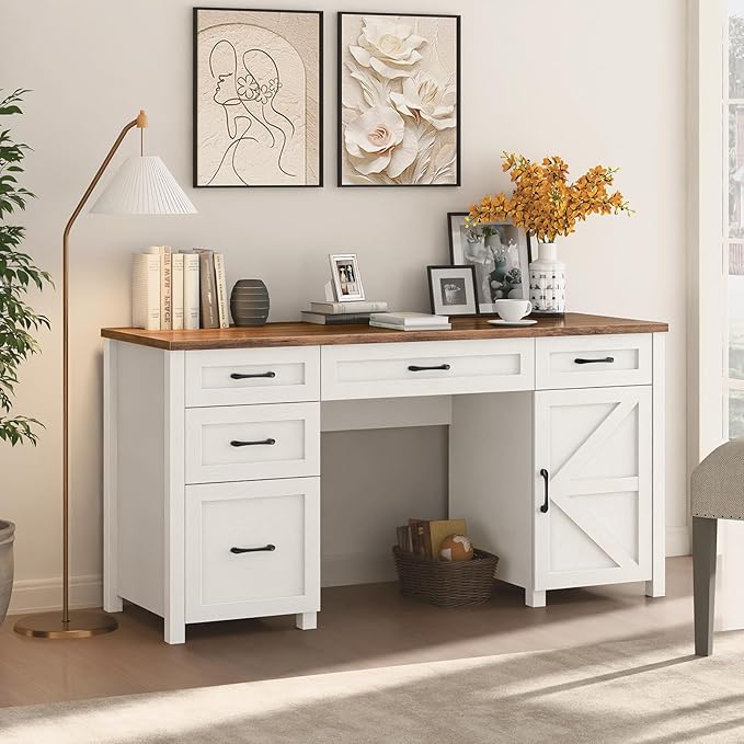 Farmhouse 61'' Executive Desk with 5 Drawers, Rustic Office Desk Computer Desk with Charging Station, File Drawers and Storage Cabinet, Wood Workstation for Home Office and Study, Unique White
