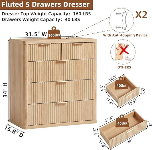 LEYAOYAO Fluted 5 Drawers Dresser for Bedroom Set of 2, 34" Tall Modern Chest of Drawers with Metal Handle, Curved Profile Design,Natural Wood Drawer Organizer for Bedroom, Living Room, Hallway