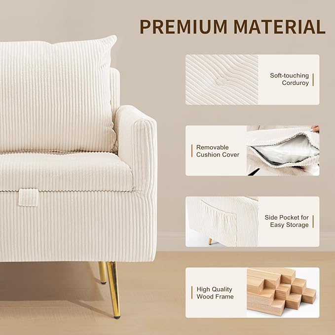 Furnimart Beige Mid-Century Modern Corduroy Storage Accent Chair with Arm, 1-Seater, Built-in Storage, Reading Chair for Bedroom, Living Room, Apartment