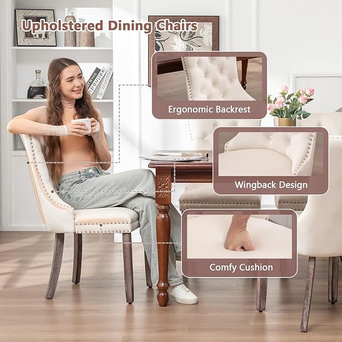 Velvet Dining Chairs Set of 6, Upholstered Dining Room Chairs with Nailhead Ring Pull Trim, Button Tufted Wing Back Chairs for Dining with Solid Wood Legs for Kitchen Dining Room(Beige)