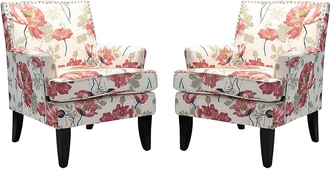 HULALA HOME Modern Accent Chairs Set of 2, Farmhouse High Back Floral Chairs with Wooden Legs & Nail Head Trim, Comfy Upholstered Armchairs for Living Room/Bedroom (Red Yellow Floral)