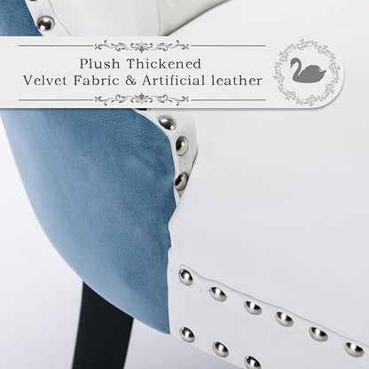Leather Upholstered Dining Chairs Set of 4, Modern Style Kitchen Side Chairs with Nailhead Trim and Wood Leg, Metal Pulling Ring for Dining Room Living Room(White&Blue,Set of 4)