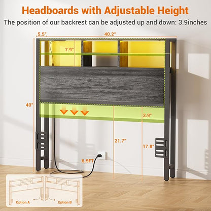 Aheaplus Headboard for Twin Size Bed with Storage, Headboards with Outlets, USB Ports and LED Light, Twin Size Head Board Only, Height Adjustable, Reversible, Sturdy and Stable Headboard, Black Oak