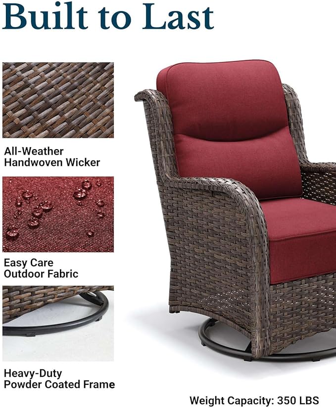 HILLGA Luxury Patio Furniture Set with 6-inch Thick Cushion, Outdoor High Back Swivel Rocker Patio Chairs, 6PCS Wicker Conversation Set for Deck Yard and Poolside, Burgundy (V2)