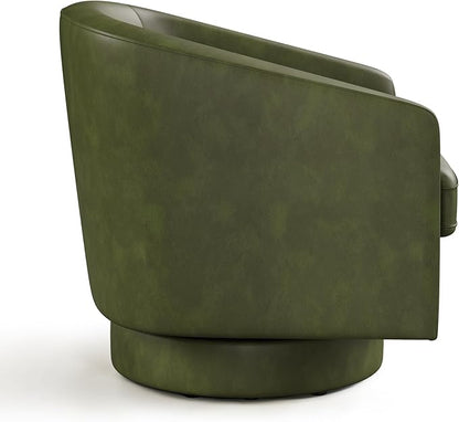 Swivel Barrel Accent Chair, Round Faux Leather Living Room Arm Chairs, Modern Upholstered Comfty Reading Nook Chairs for Bedroom, Small Club Armchair, Single Sofa Side Chair, Green