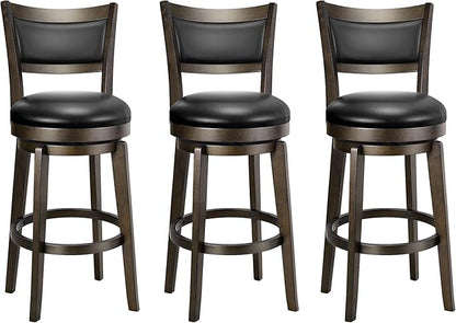 PrimeZone Swivel Bar Stools Set of 3, 26 Inch Counter Height Barstools, Black Faux Leather Bar Stool with High Backrest & Solid Wood Legs & Wrap-around Footrest, Counter Stools for Kitchen Island, Pub