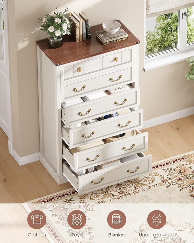 AOGLLATI Farmhouse Dresser with 6 Drawers, 51.2”Tall Wooden Rustic Chest of Drawers with Natural Texture, Vintage Design, Bedroom Dressers with Drawers for Bedroom, Antique White