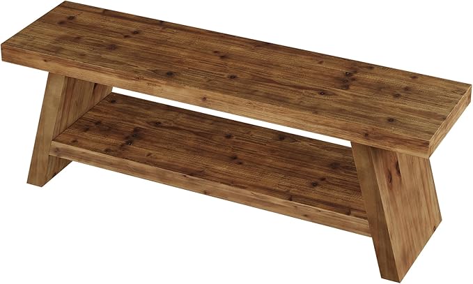 2-Tier Entryway Bench, Hallway Foyer Solid Wood Seating with Open Shelves, Wooden Shoe Bench Indoor for Entryway, Living Room, Bedroom (Rustic Brown)