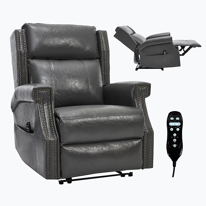 Manual Recliner Chair with Massage & Lumbar Heat, Breathable Leather Reclining Chair for Adults, Humanized Design Easy to Install Living Room Recliners Grey