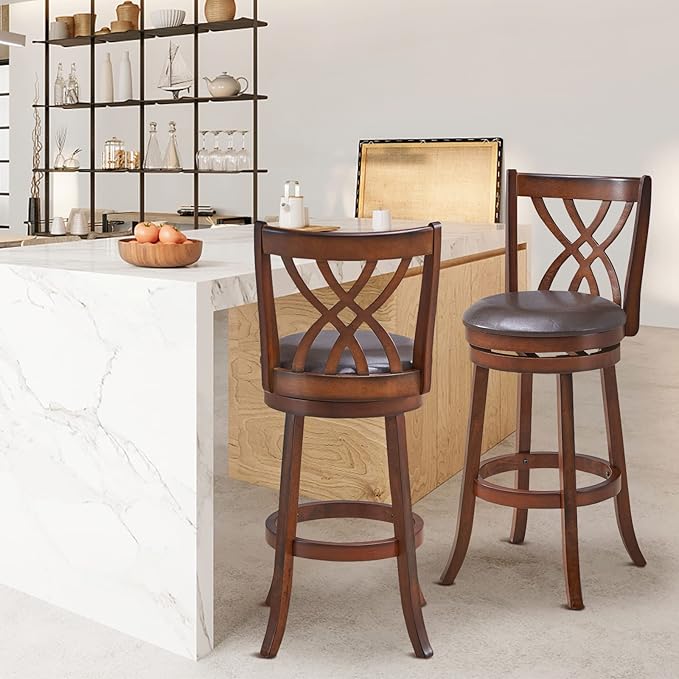 COSTWAY Bar Stools Set of 2, 360° Swivel Chairs with Rubber Wood Frame, 30-Inch PU Leather Cushioned Seat and Footrests, for Kitchen Island, Dining Room, Bar (Brown-30 inches, 2 stools)