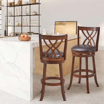 COSTWAY Bar Stools Set of 2, 360° Swivel Chairs with Rubber Wood Frame, 30-Inch PU Leather Cushioned Seat and Footrests, for Kitchen Island, Dining Room, Bar (Brown-30 inches, 2 stools)