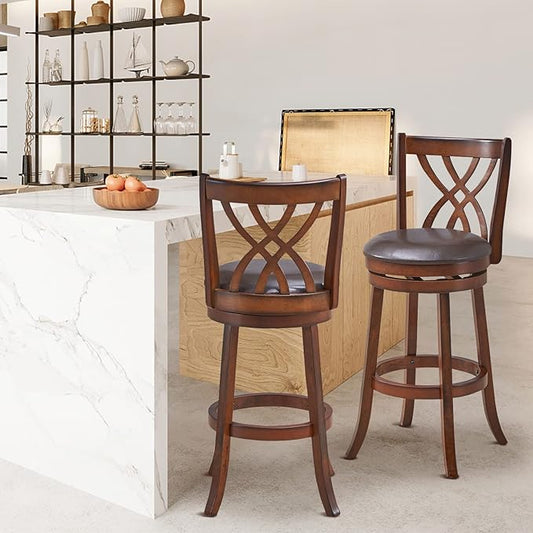 COSTWAY Bar Stools Set of 2, 360° Swivel Chairs with Rubber Wood Frame, 30-Inch PU Leather Cushioned Seat and Footrests, for Kitchen Island, Dining Room, Bar (Brown-30 inches, 2 stools)
