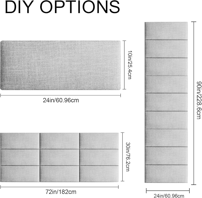 Upholstered Wall Mounted Headboard, 3D Soundproof Wall Panels Peel and Stick Headboard for Queen Size, Tufted, Light Grey (9 Panels, 10" x 24")