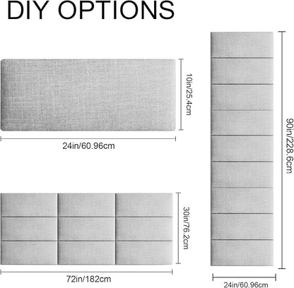 Upholstered Wall Mounted Headboard, 3D Soundproof Wall Panels Peel and Stick Headboard for Queen Size, Tufted, Light Grey (9 Panels, 10" x 24")