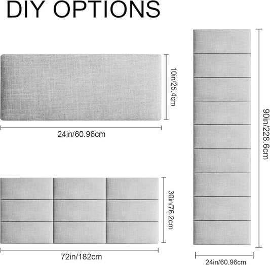 Upholstered Wall Mounted Headboard, 3D Soundproof Wall Panels Peel and Stick Headboard for Queen Size, Tufted, Light Grey (9 Panels, 10" x 24")