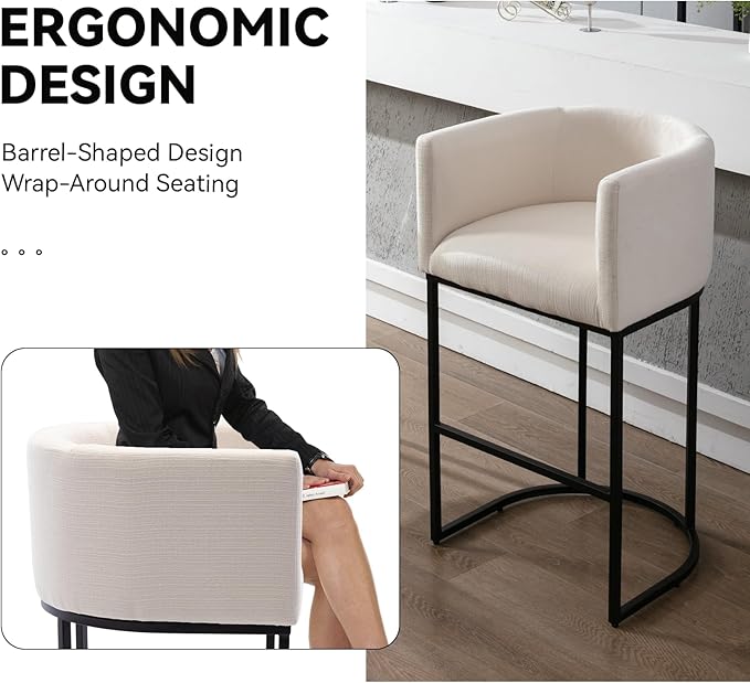 Contemporary Cream Linen Bar Stools Set of 2, 32" Upholstered Fabric Counter Height Barstool Kitchen Counter Island Stools with Black Metal Base