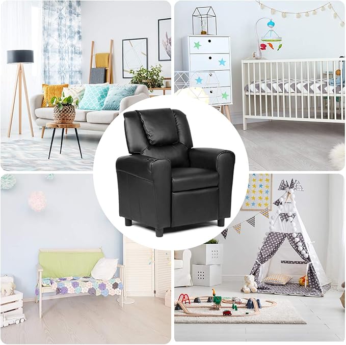 Costzon Kids Recliner Chair with Cup Holder, Toddler Furniture Children Armrest Sofa w/Headrest & Footrest for Girls Boys Baby Bedroom, Kids Room, PU Leather Kids Recliner Couch (Black)