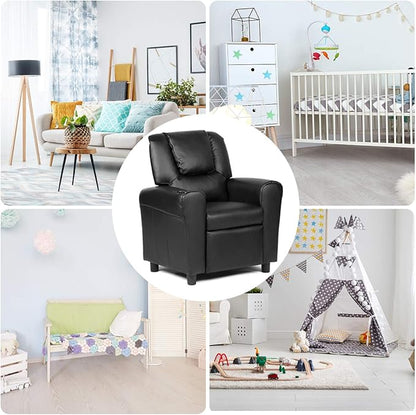 Costzon Kids Recliner Chair with Cup Holder, Toddler Furniture Children Armrest Sofa w/Headrest & Footrest for Girls Boys Baby Bedroom, Kids Room, PU Leather Kids Recliner Couch (Black)