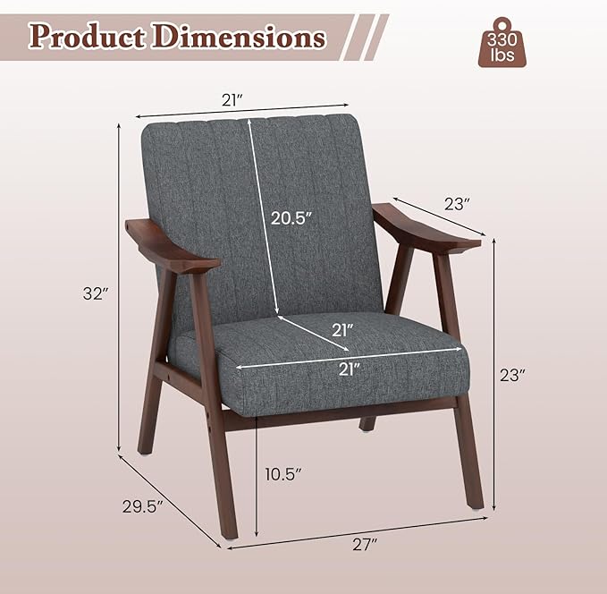 Giantex Mid-Century Modern Accent Chair, Upholstered Comfy Living Room Chair with Arms, Anti-Slip Felt Pads, Wooden Frame Soft Padded Armchair for Living Room Bedroom Office Study, Light Grey