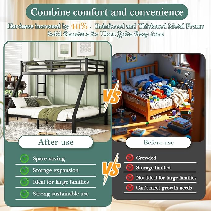 Bunk Beds Twin XL Over Queen, Heavy Duty Bunk Beds with Bottom Space & Guardrail Metal Bunk Bed Frame for Adults Teens Dorm Bedroom Guest Room, No Box Spring Needed（Black）